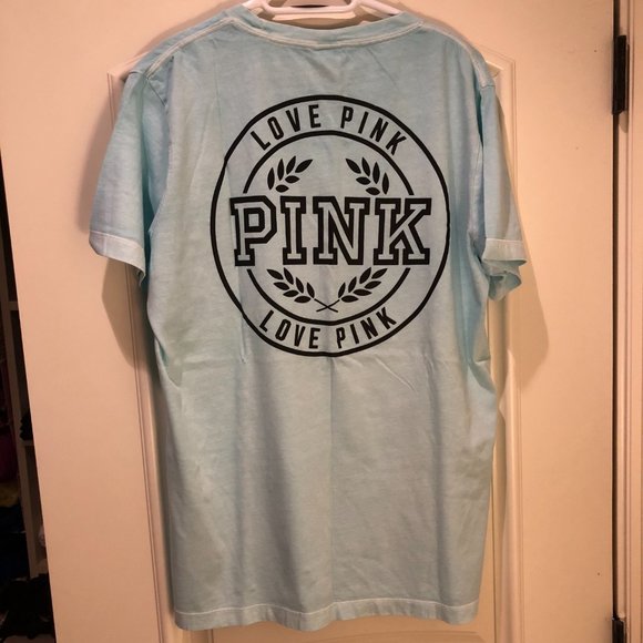 PINK Victoria's Secret Light Blue Cotton T-Shirt with Embroidery Logo Size L - Picture 3 of 3